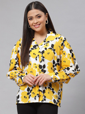 PLUSS Women Printed Casual Yellow Shirt