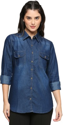 CEFALU Women Washed Casual Dark Blue Shirt