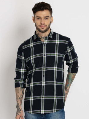 Status Quo Men Checkered Casual Dark Blue, White, Green Shirt