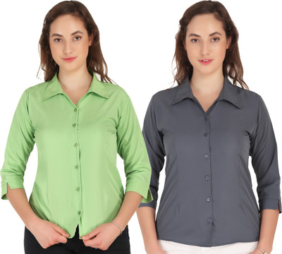 Giggles Women Solid Casual Grey, Light Green Shirt(Pack of 2)