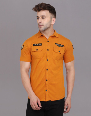 Money Leaf Men Solid Casual Gold Shirt