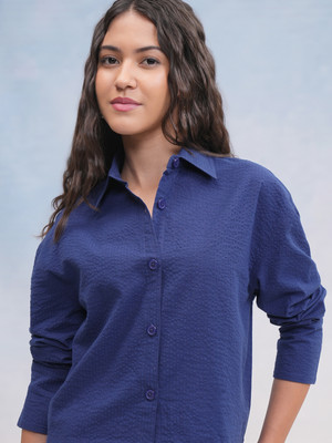 Tokyo Talkies Women Self Design Casual Blue Shirt