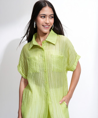 Tokyo Talkies Women Solid Casual Green Shirt
