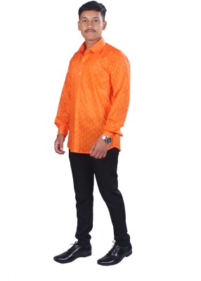 SPTextileHub Men Self Design Casual Orange Shirt