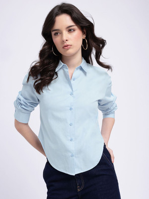 Glitchez Women Solid Casual Blue Shirt