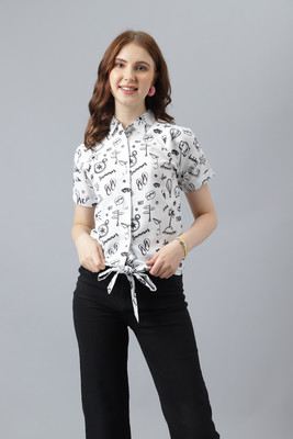 Attire Empire Women Printed Casual White Shirt