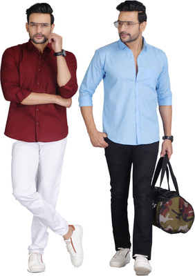 FAVNIC Men Solid Casual Maroon, Blue Shirt(Pack of 2)