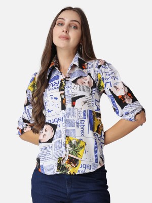 Cation Women Printed, Graphic Print Casual White Shirt