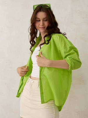 OUTZIDR Women Solid Casual Green Shirt