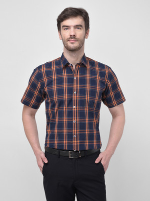 ACCOX Men Checkered Formal Orange Shirt