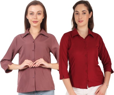 Giggles Women Solid Formal Beige, Maroon Shirt(Pack of 2)