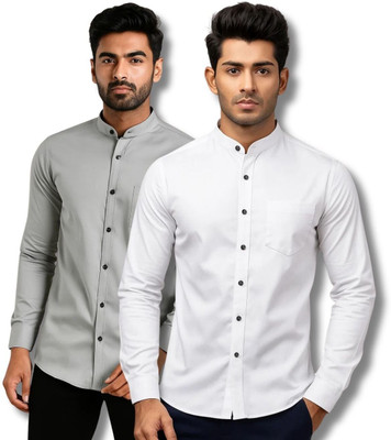 CROWNTAIL Men Solid Casual Grey, White Shirt(Pack of 2)