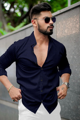 HEENGSHI Men Solid Casual Dark Blue Shirt
