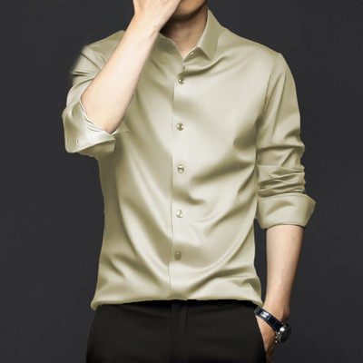 SOLSTICE Men Solid Party Beige Shirt