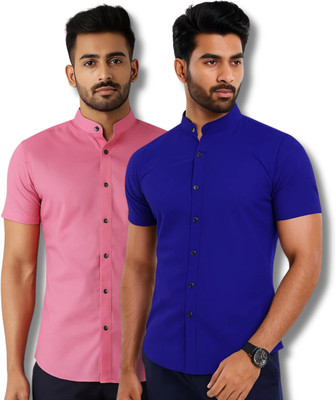 COTTONCHHAP Men Solid Casual Pink, Dark Blue Shirt(Pack of 2)