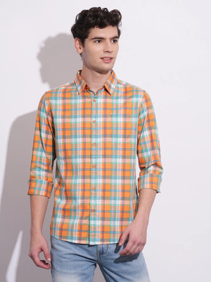 BEING HUMAN Men Checkered Casual Orange Shirt