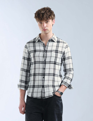 FLYING MACHINE Men Checkered Casual White Shirt