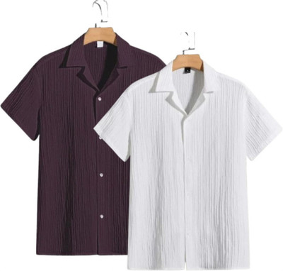 METRONAUT Men Self Design Casual White, Red Shirt(Pack of 2)