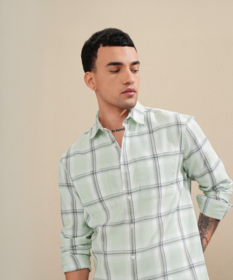 HIGHLANDER Men Checkered Casual Light Green Shirt