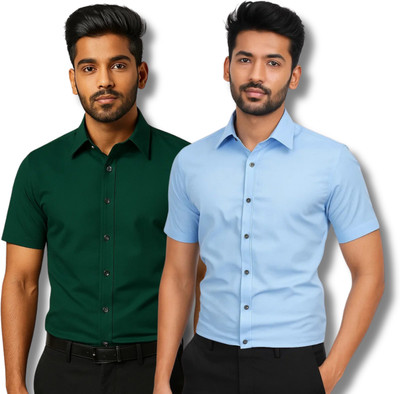 RAREMARK Men Solid Formal Green, Light Blue Shirt(Pack of 2)