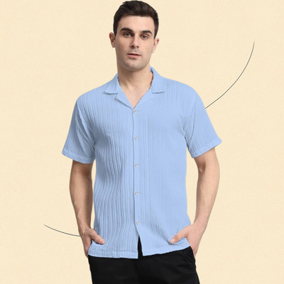 A Sti Men Self Design Casual Light Blue Shirt