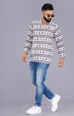Nitya Feb Men Printed Straight Kurta(White)