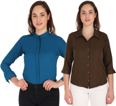 HEAVENS CREATIONS Women Solid Formal Green Shirt(Pack of 2)