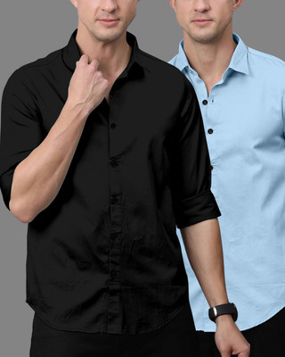 OXXOM Men Solid Casual Black, Light Blue Shirt(Pack of 2)