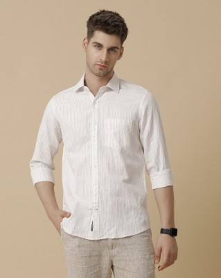 Linen Club Men Striped Casual Brown Shirt