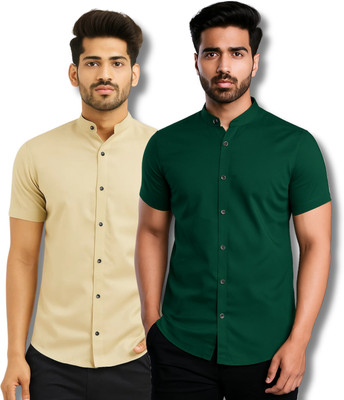 ModeNex Men Solid Casual Beige, Green Shirt(Pack of 2)