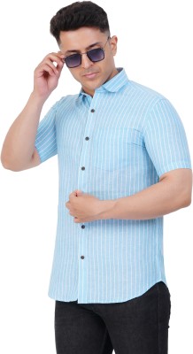 Prakasam Cotton Men Striped Casual Blue Shirt