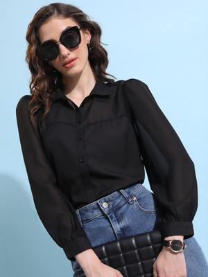 Tokyo Talkies Women Solid Casual Black Shirt