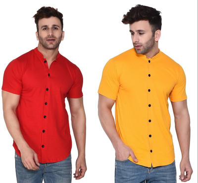 Money Leaf Men Solid Casual Red, Yellow Shirt(Pack of 2)