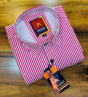 Hems trends Men Striped Casual Pink Shirt
