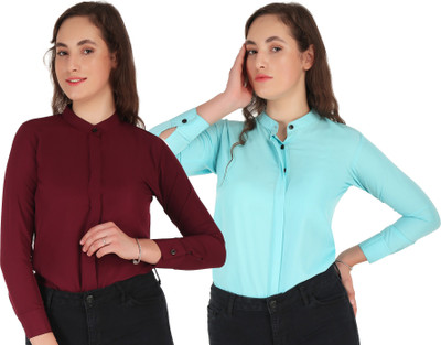 SHANAYA MODA Women Solid Casual Maroon, Blue Shirt(Pack of 2)