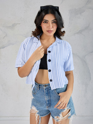 Dressberry Women Striped Casual Blue Shirt