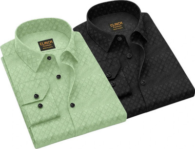 clinch fashion Men Self Design Casual Green, Black Shirt(Pack of 2)