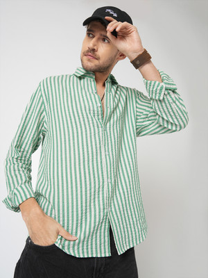 VASTRADO Men Striped Casual White, Green Shirt