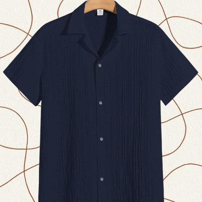 Looksky Men Self Design Casual Dark Blue Shirt