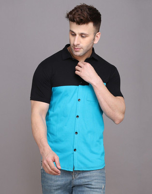 GEUM Men Color Block Casual Light Blue, Black Shirt