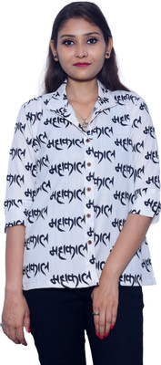 aruati Women Printed Casual White, Dark Blue Shirt
