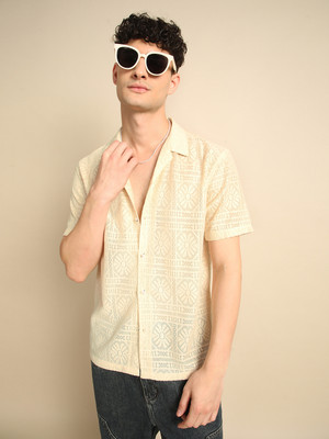 Voroxy Men Self Design Casual Beige Shirt