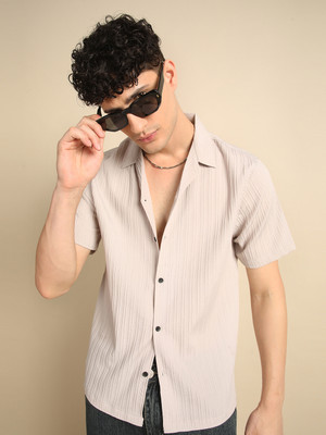 Voroxy Men Self Design Casual Brown Shirt