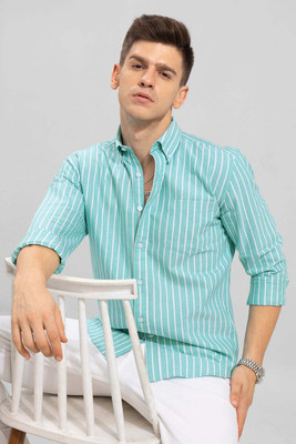 OTUS Men Striped Casual Light Green Shirt