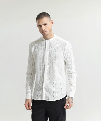 Snitch Men Self Design Casual White Shirt