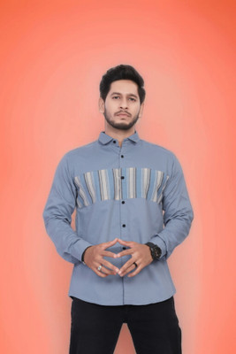 U and J Men Printed Casual Blue Shirt