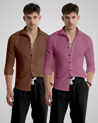 kruze Men Self Design Casual Brown, Pink Shirt(Pack of 2)