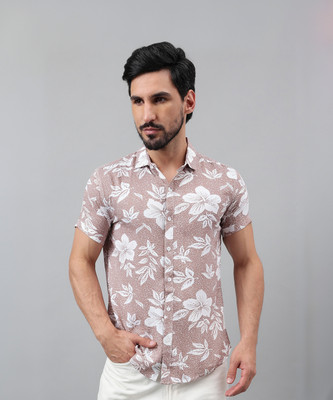 Voroxy Men Printed Casual Brown, White Shirt