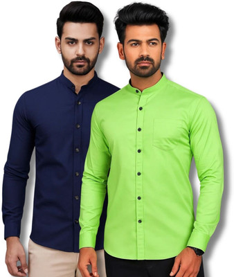MAHIRAN Men Solid Casual Dark Blue, Light Green Shirt(Pack of 2)