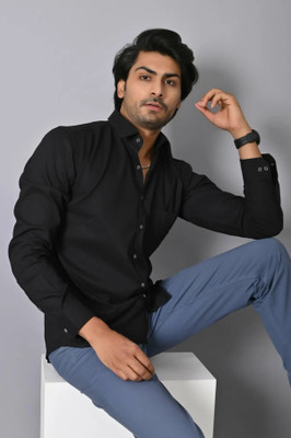 MOONBELL Men Solid Casual Black Shirt